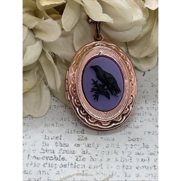 Rose Gold Brass Raven Purple Black Crow Locket Necklace Pendant Gothic Wedding - Picture 5 of 14